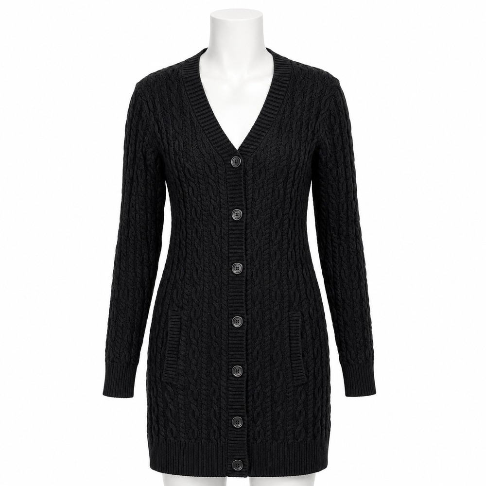 Denim & Co Cardigan Women Medium Black Cable Knit Button Front Tunic Long Pocket